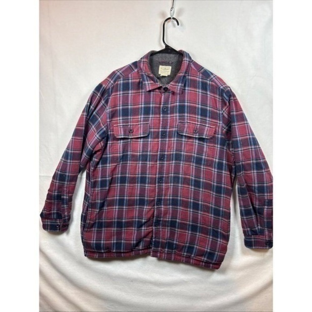 LL Bean Mens Fleece Lined Flannel Shirt Jacket Red Navy Plaid Large L-REG 298189